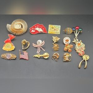 Mixed Vintage Gold Tone Enamel Pin Collection with Red & Pink Accents